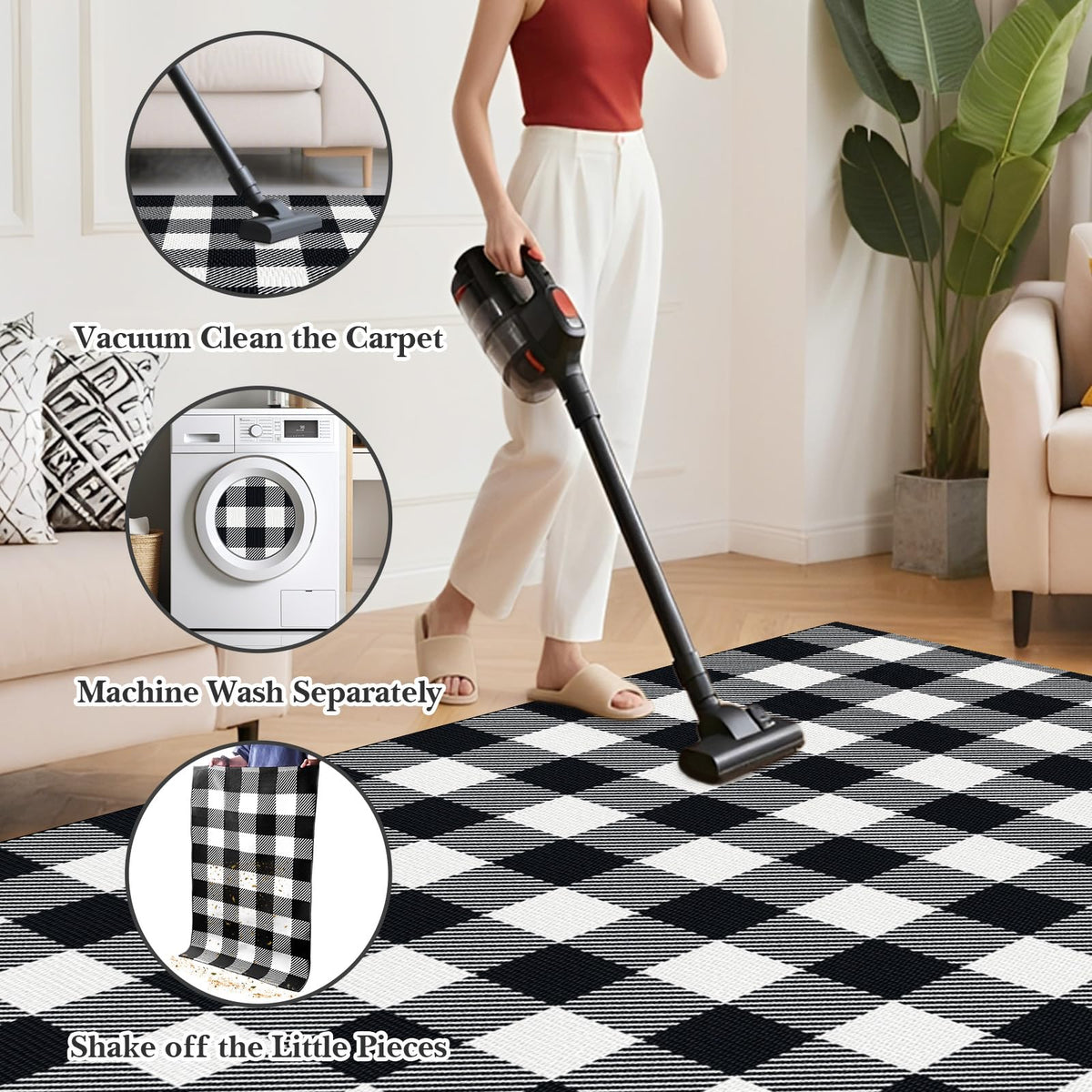 SofterCharm plaid rug layered with a welcome mat for a warm entry