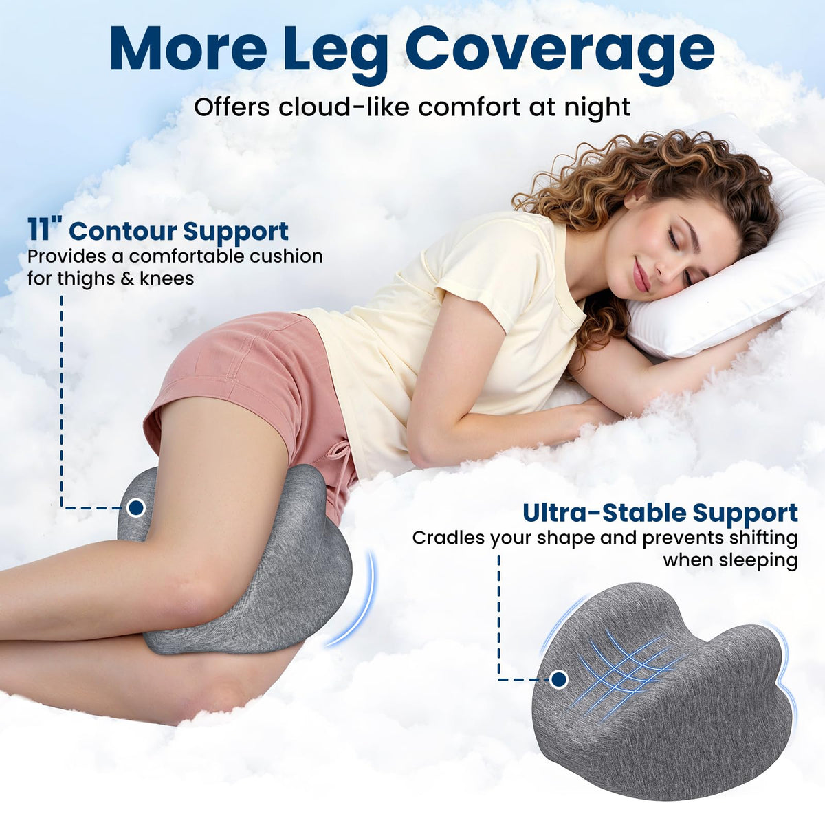 SofterCharm knee pillow stays-in-place while you move during sleep.