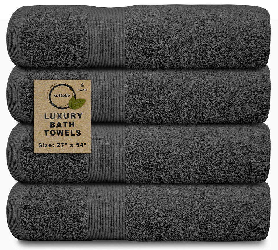 Softolle luxury bath towels in grey, folded display showing plush texture and size.