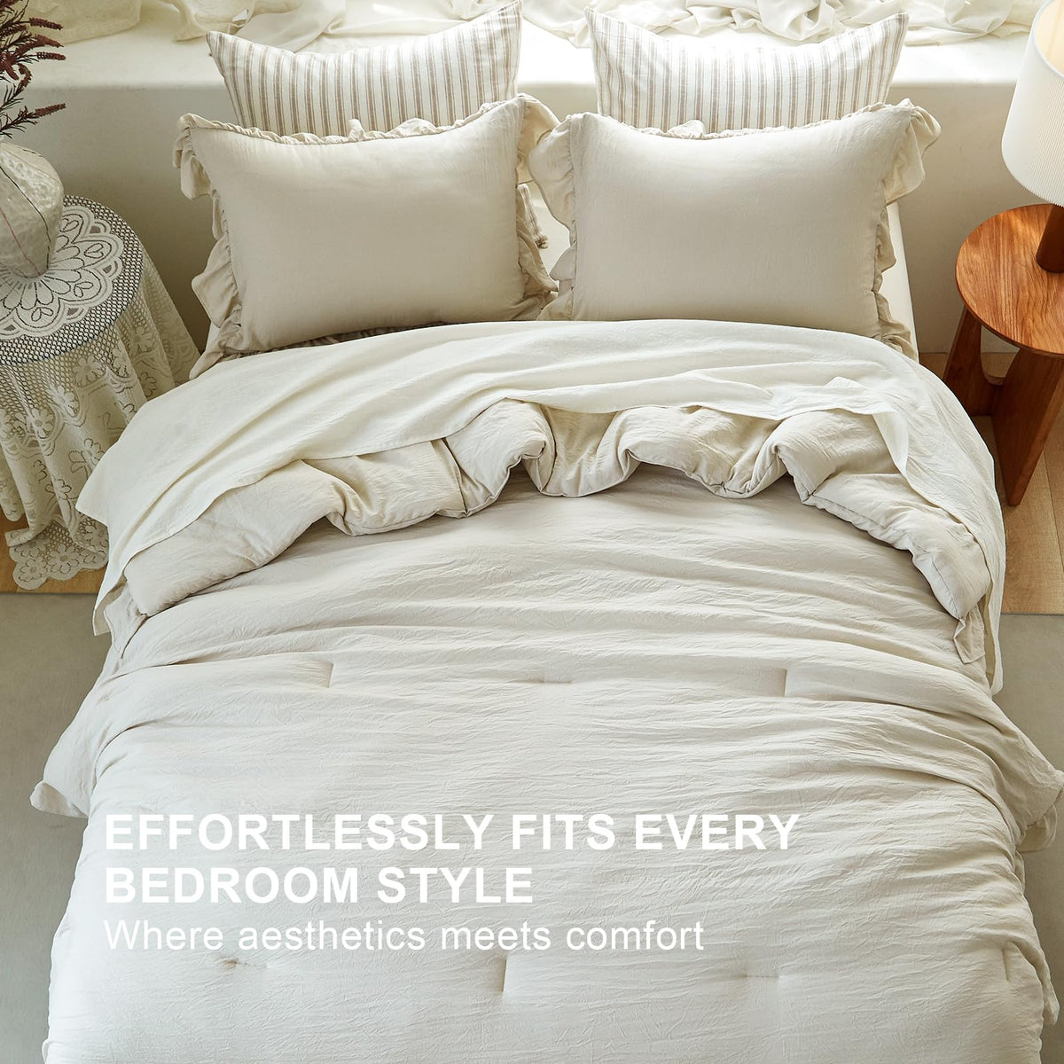 Softpage beige ruffle edge detail highlights romantic cottagecore aesthetic.