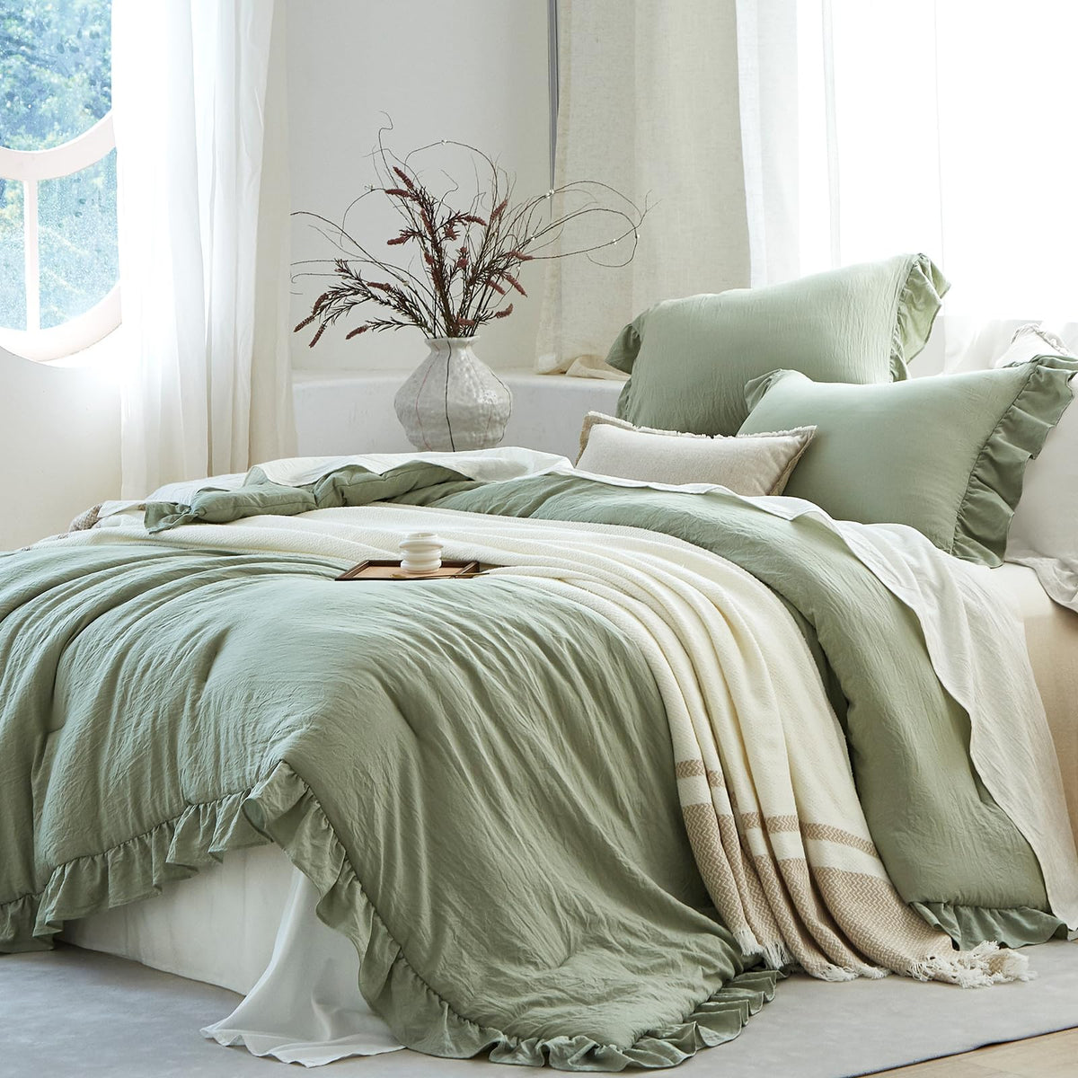 Softpage Sage Green Ruffle Comforter Queen, front view, adds cozy cottage charm.