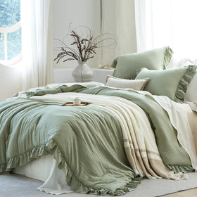 Softpage Sage Green Ruffle Comforter Queen, front view, adds cozy cottage charm.