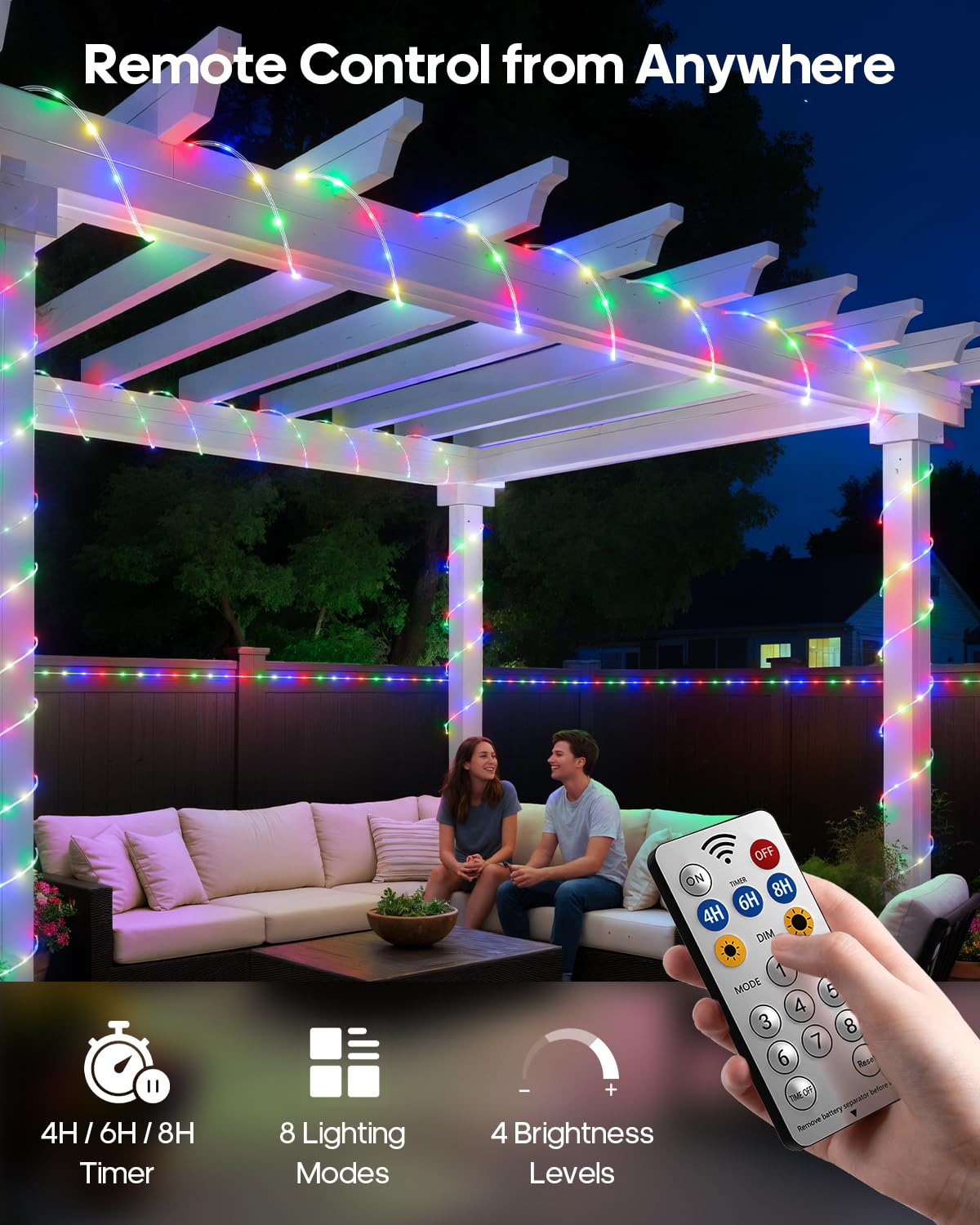 Soiarllt rope lights outdoor patio setup adds colorful ambiance for events.