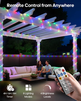 Soiarllt rope lights outdoor patio setup adds colorful ambiance for events.