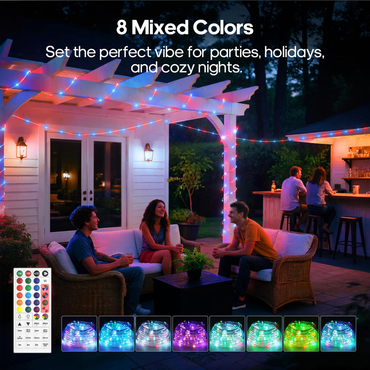 Soiarllt rope lights with remote control for easy color selection.
