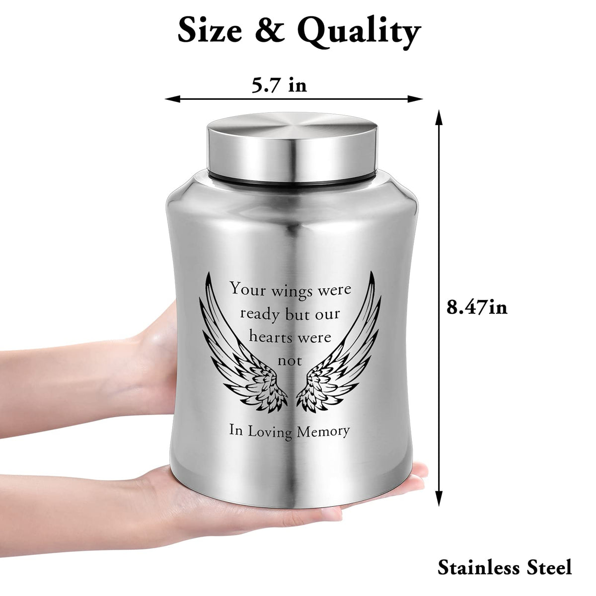 SOITIS engraved memorial urn with angel wings suitable for honoring a loved one.