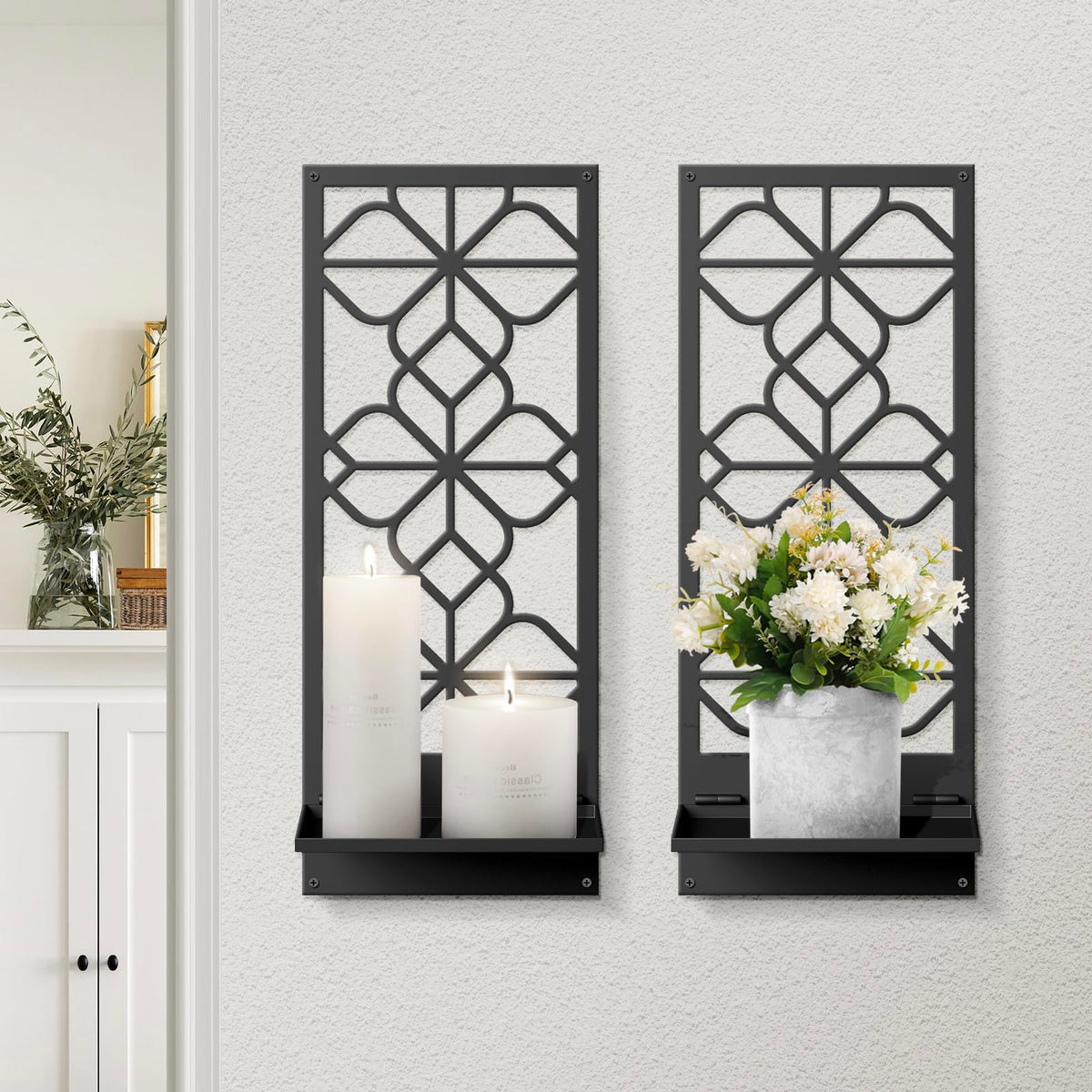 Sokurdeg candle holder pair on wall art close-up shows minimalist black metal line design.