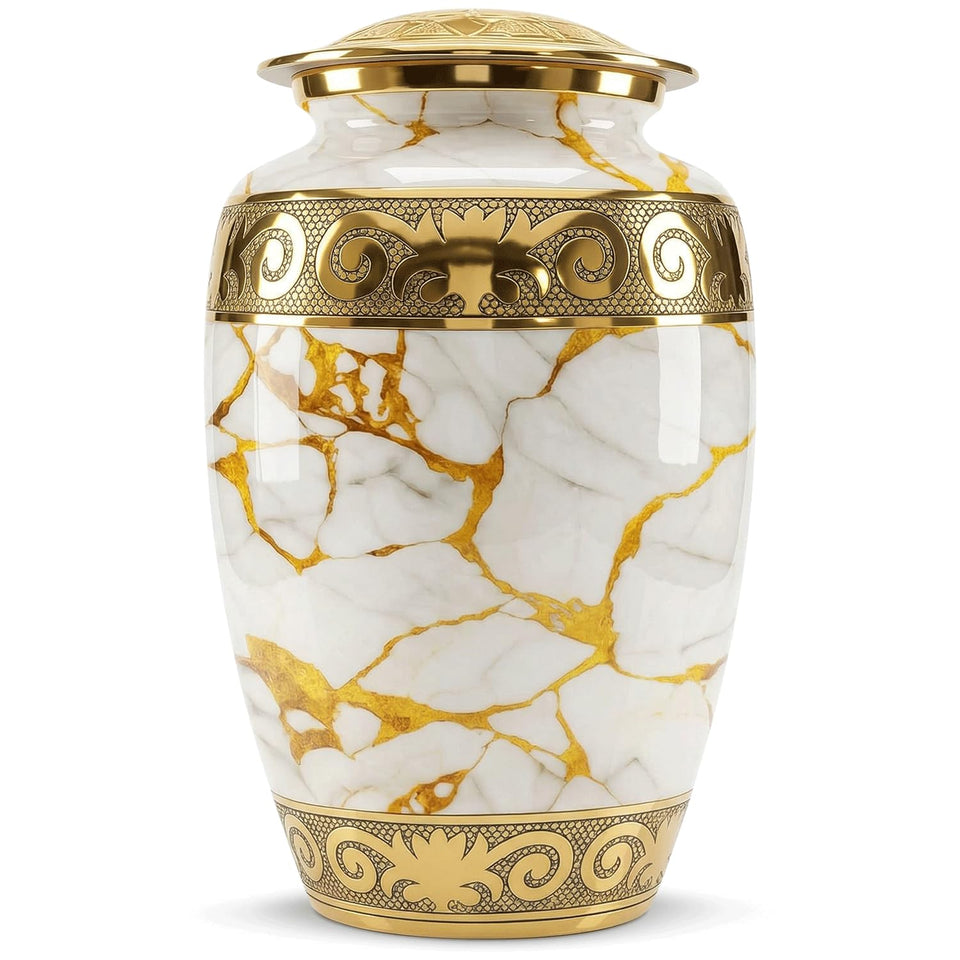 Solace Forever cremation urn with golden marble finish for dignified memorials