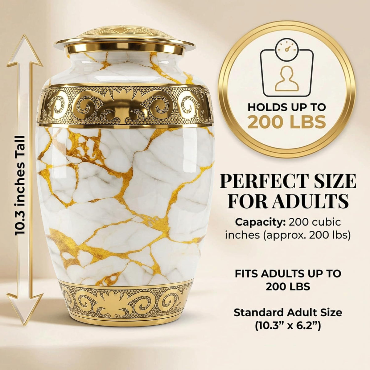 Large-capacity urn holding up to 200 cubic inches for adult ashes