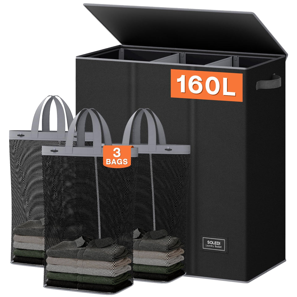 SOLEDI 160L laundry hamper with three-section sorter for easy color separation