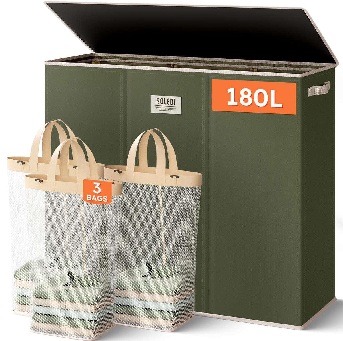 SOLEDI 180L hamper with lid shows large capacity for busy family laundry storage.