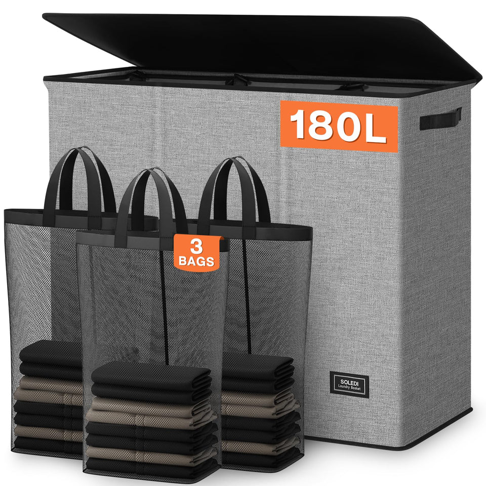 SOLEDI 180L laundry hamper with lid showing large capacity for a week of clothes.
