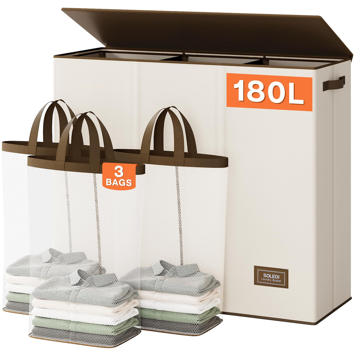 SOLEDI 180L laundry hamper with lid shows 3-section sorting for organized laundry.