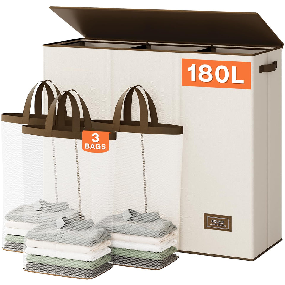 SOLEDI 180L laundry hamper with lid shows 3-section sorting for organized laundry.