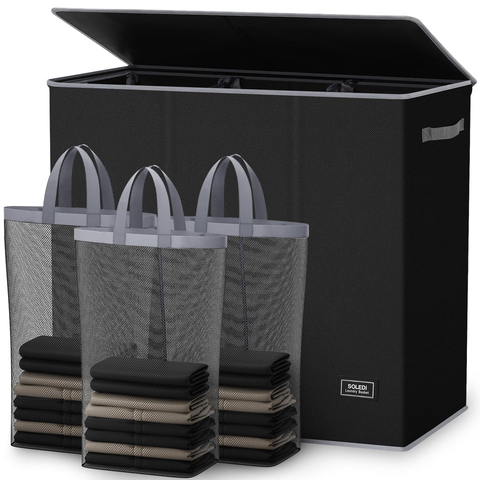 SOLEDI 180L three section laundry hamper showing large capacity for weekly loads