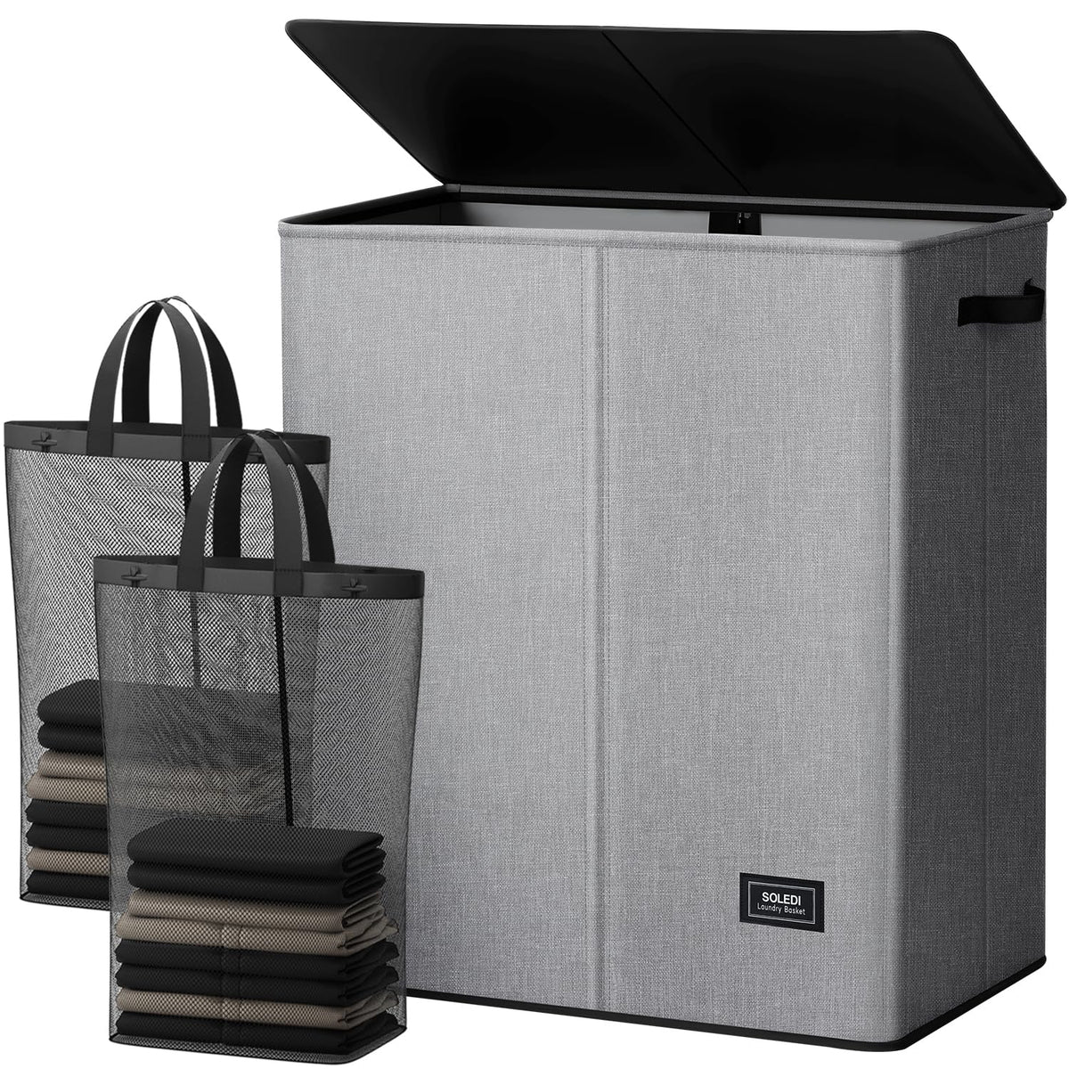 SOLEDI double laundry basket with lid showing two compartments for easy sorting.