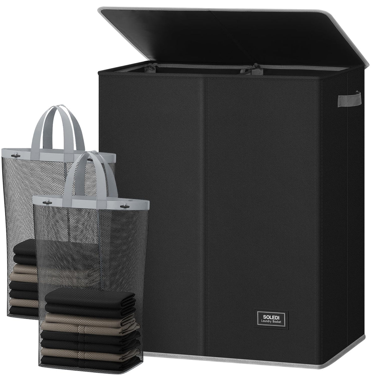 SOLEDI double laundry hamper with lid showing concealed storage and a tidy bedroom.