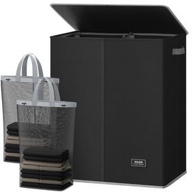 SOLEDI double laundry hamper with lid showing concealed storage and a tidy bedroom.