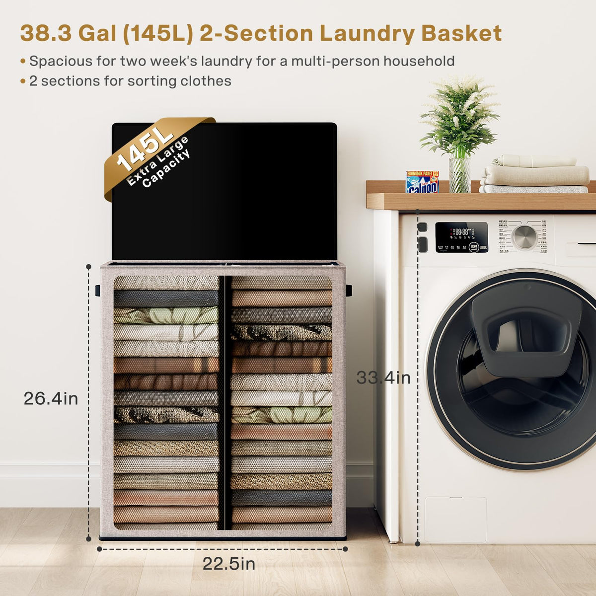 SOLEDI laundry basket highlights two removable bags for easy transfer to the washer.