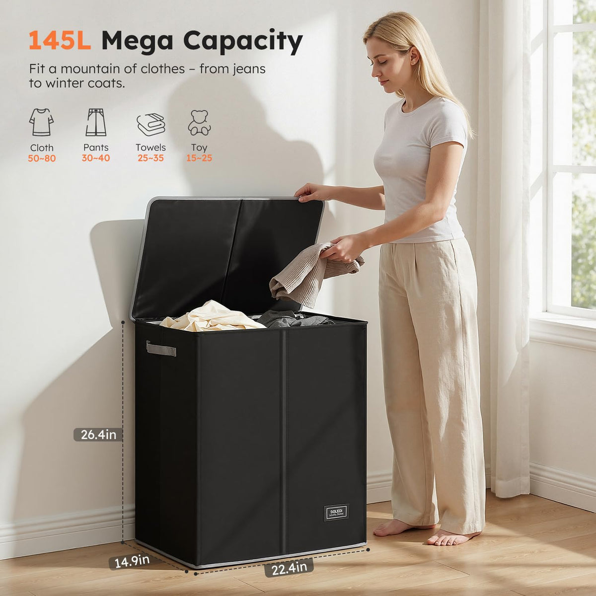 SOLEDI durable-materials laundry hamper resists wear for long-term use.