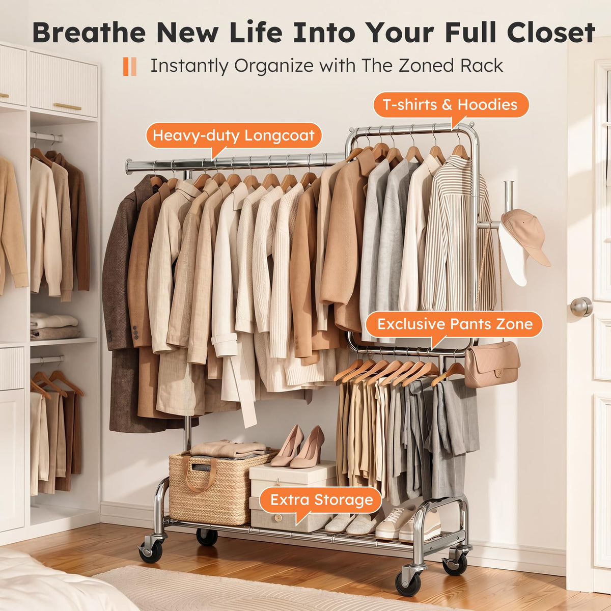 SOLEDI garment rack dimensions show space-saving versatility in any room.