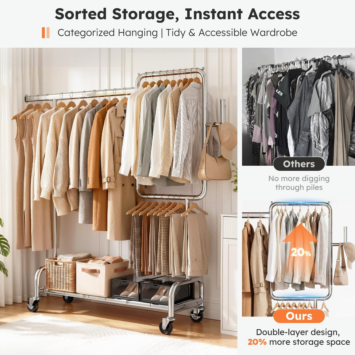 SOLEDI garment rack with lockable wheels for easy mobility.