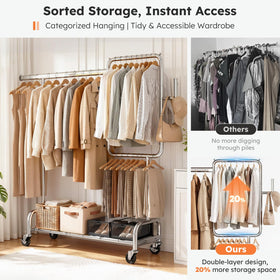 SOLEDI garment rack with lockable wheels for easy mobility.