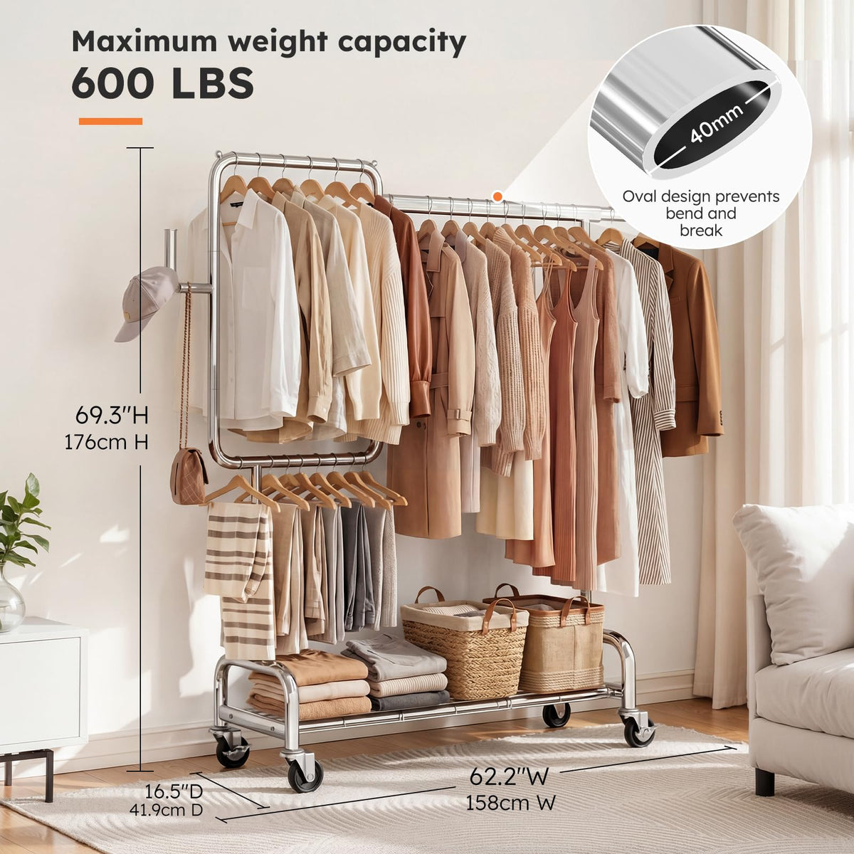 SOLEDI heavy-duty partitioned clothes rack bottom shelf keeps items secure.