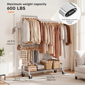 SOLEDI heavy-duty partitioned clothes rack bottom shelf keeps items secure.