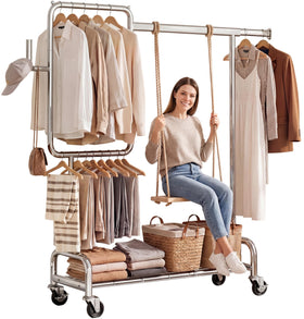 SOLEDI heavy-duty partitioned clothes rack with hanging bar keeps outfits organized.