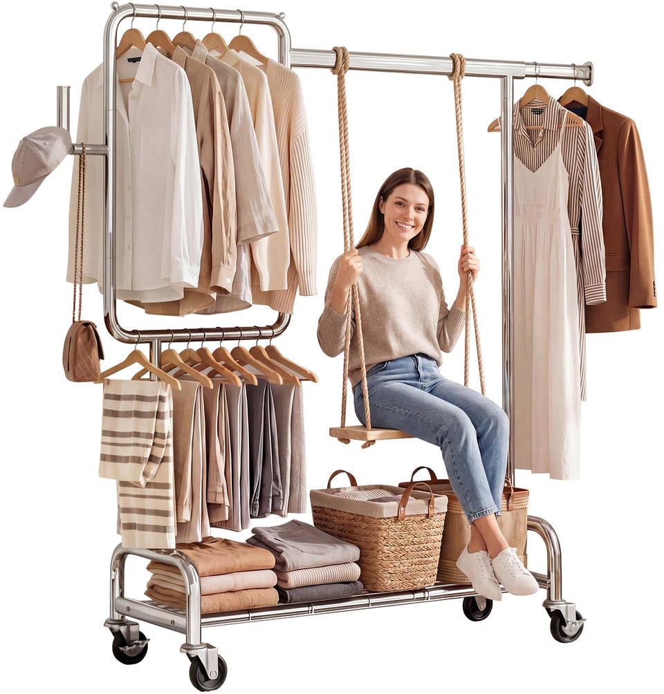 SOLEDI heavy-duty partitioned clothes rack with hanging bar keeps outfits organized.