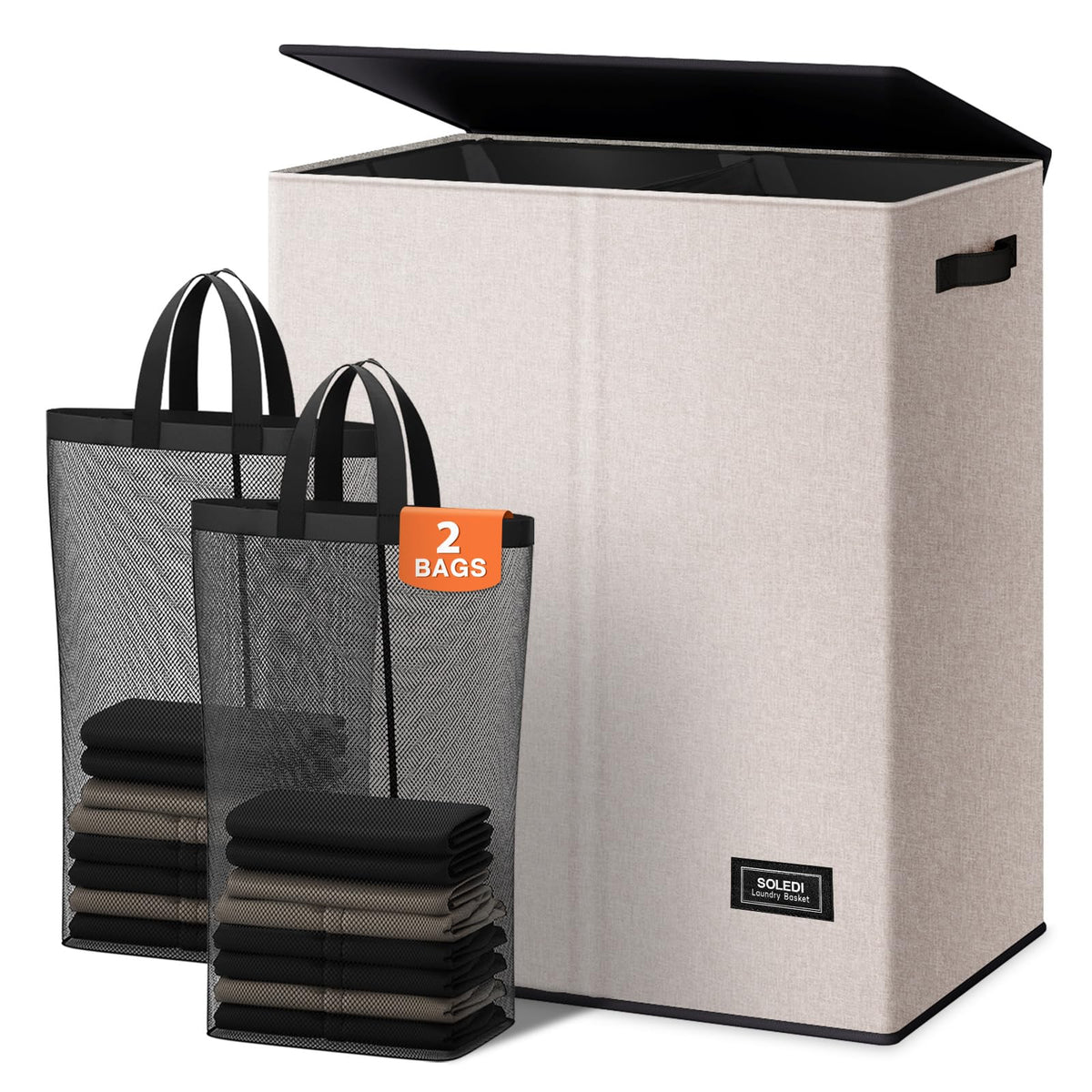 SOLEDI large double laundry hamper with lid showing dual-section sorting for whites and colors.