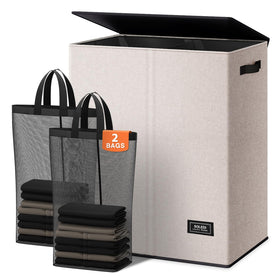 SOLEDI large double laundry hamper with lid showing dual-section sorting for whites and colors.