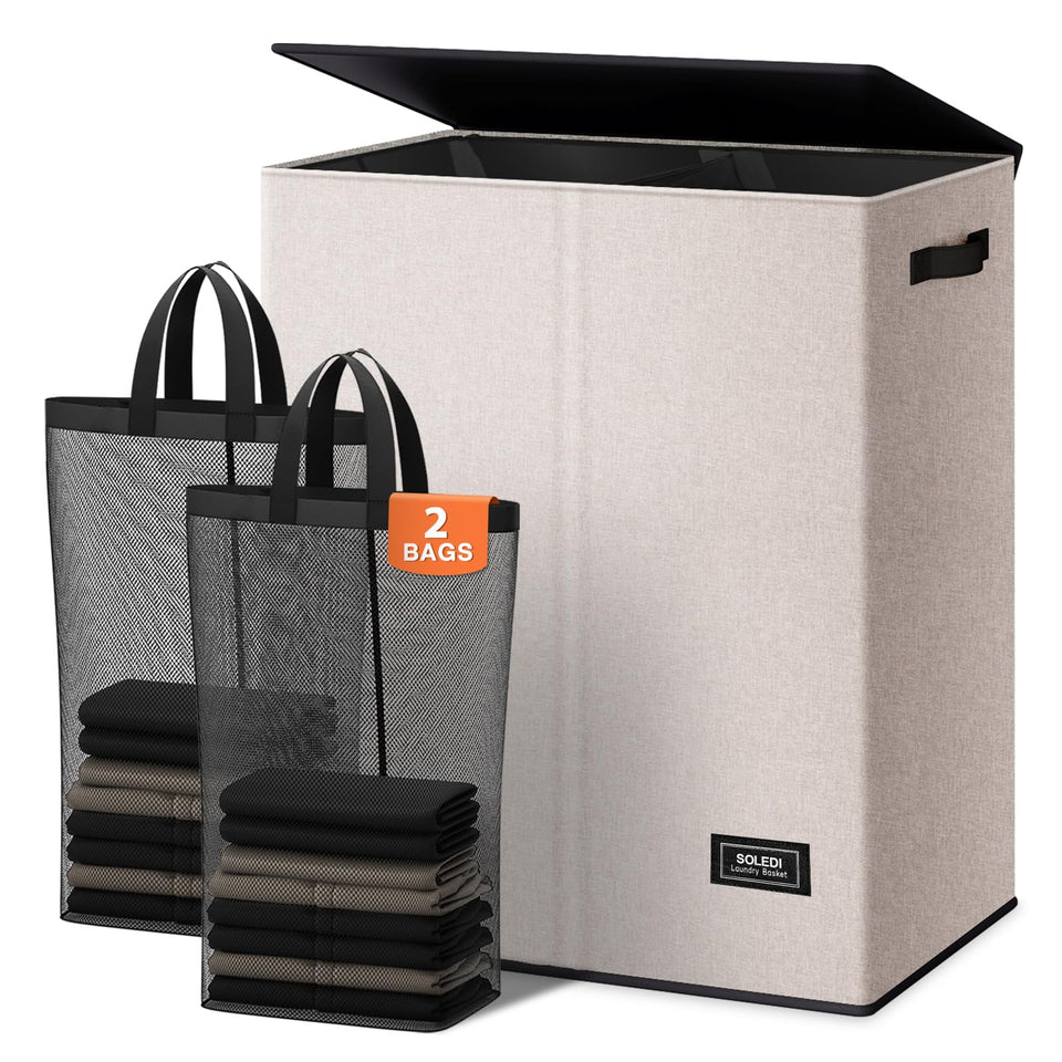 SOLEDI large double laundry hamper with lid showing dual-section sorting for whites and colors.
