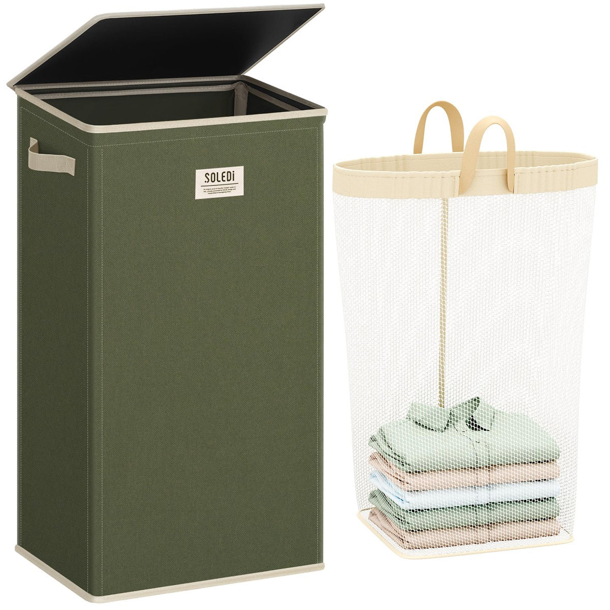 SOLEDI avocado laundry hamper front view showing spacious 100L capacity