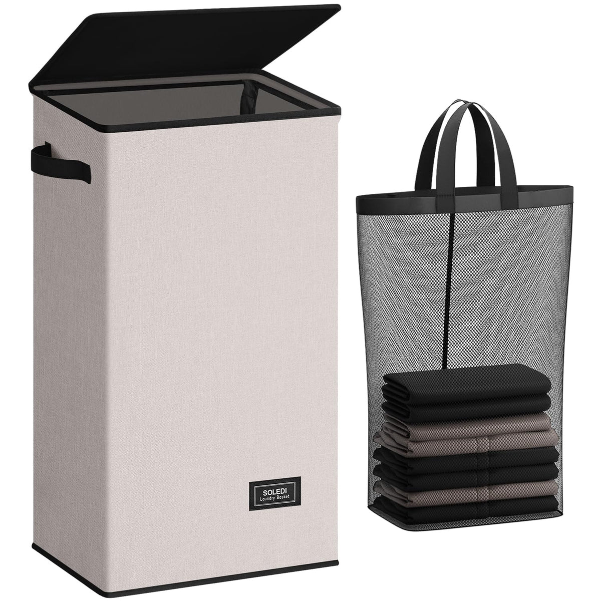 SOLEDI Laundry Hamper with Lid showing organized hidden laundry for bedrooms and bathrooms.