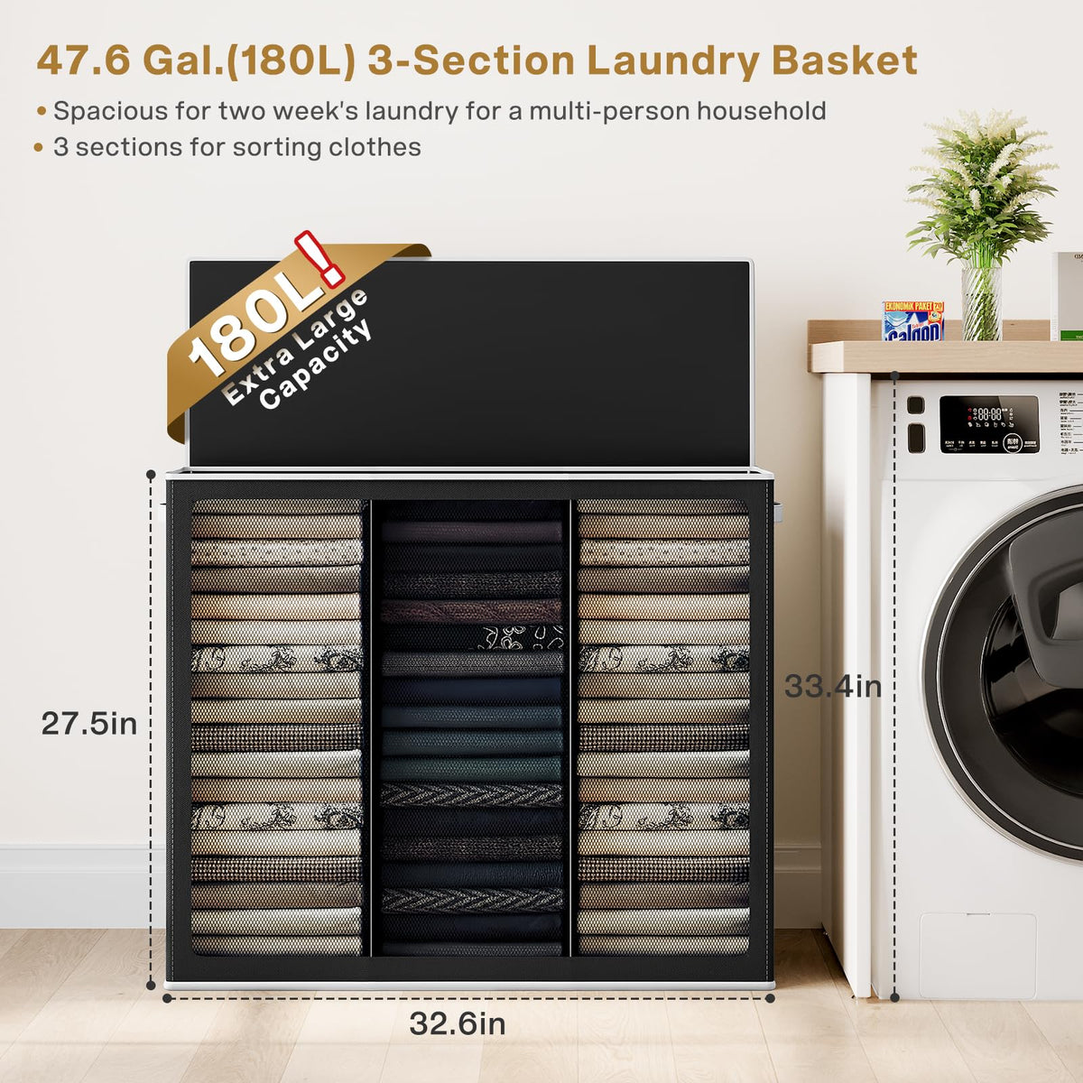 SOLEDI hamper lid covering contents and concealing clutter