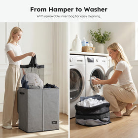 SOLEDI two-compartment laundry hamper enabling quick separation of loads.