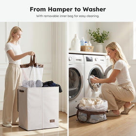 SOLEDI two-section hamper showing separated compartments for lights and darks