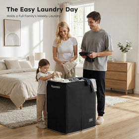 SOLEDI two-section hamper sorting lights and darks for easy laundry prep.