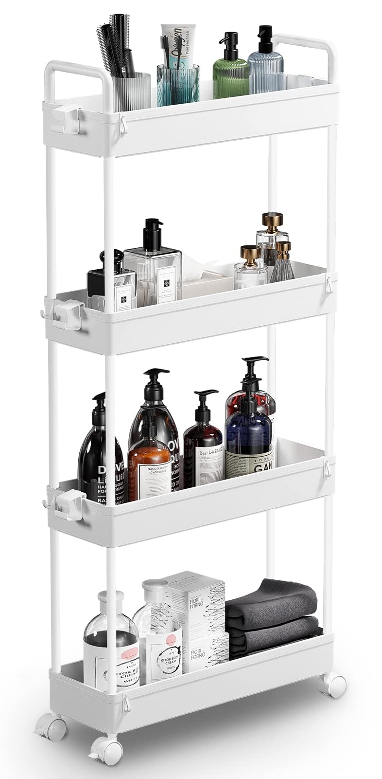 Solejazz slim rolling storage cart with four tiers in white for compact spaces