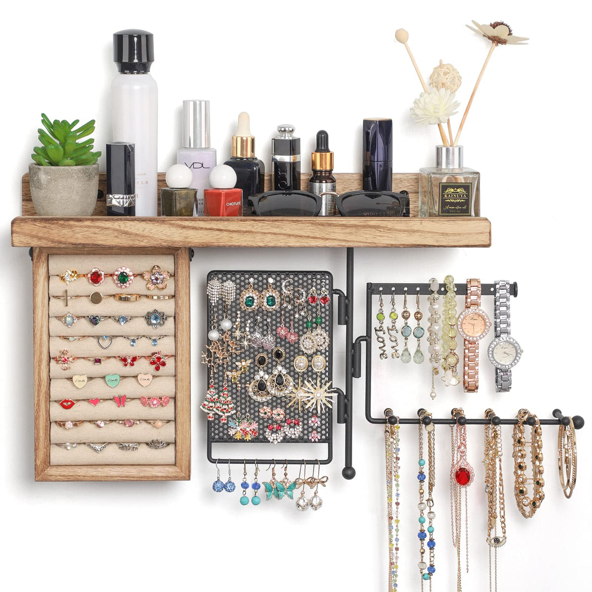 SOLIMINTR hanging jewelry organizer wall mount displaying full necklace and ring storage