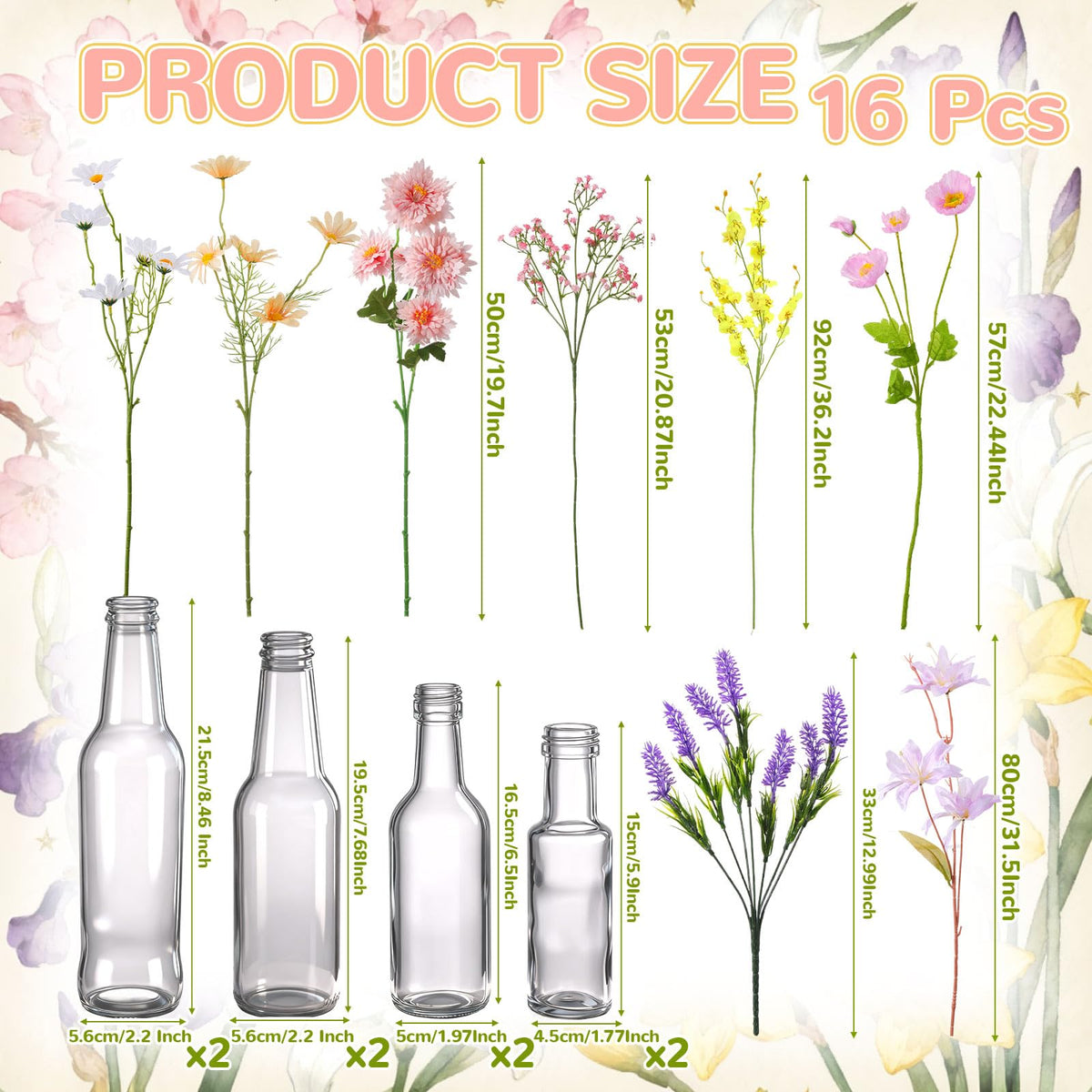 Solsew daisies and lavender wildflower arrangement in glass bottles