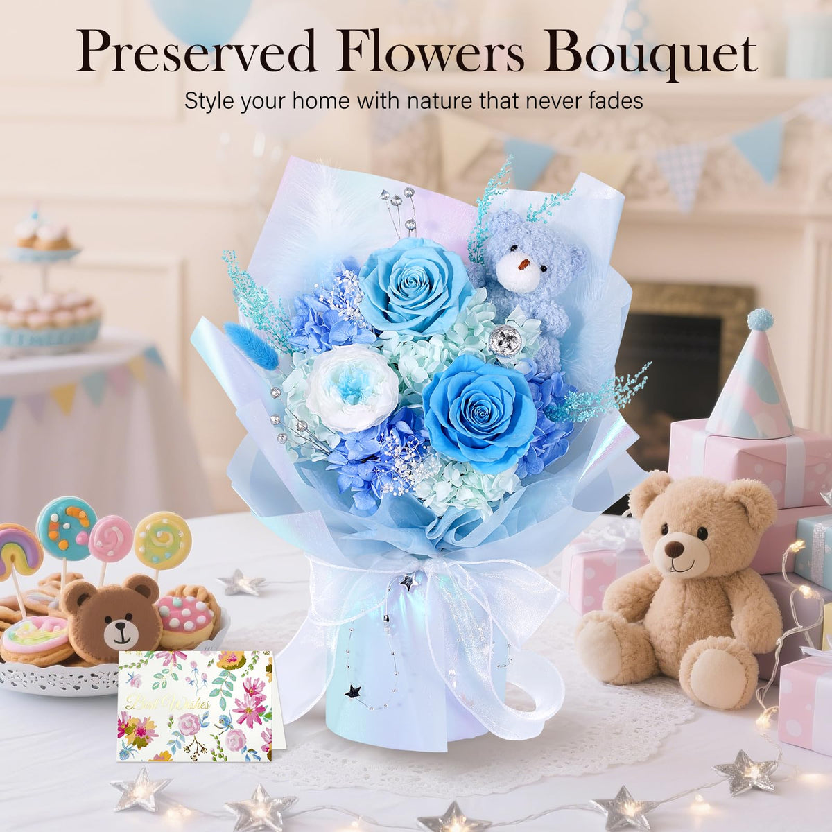 SOLUNOX blue eternal roses bouquet, real-looking blooms stay fresh for years.