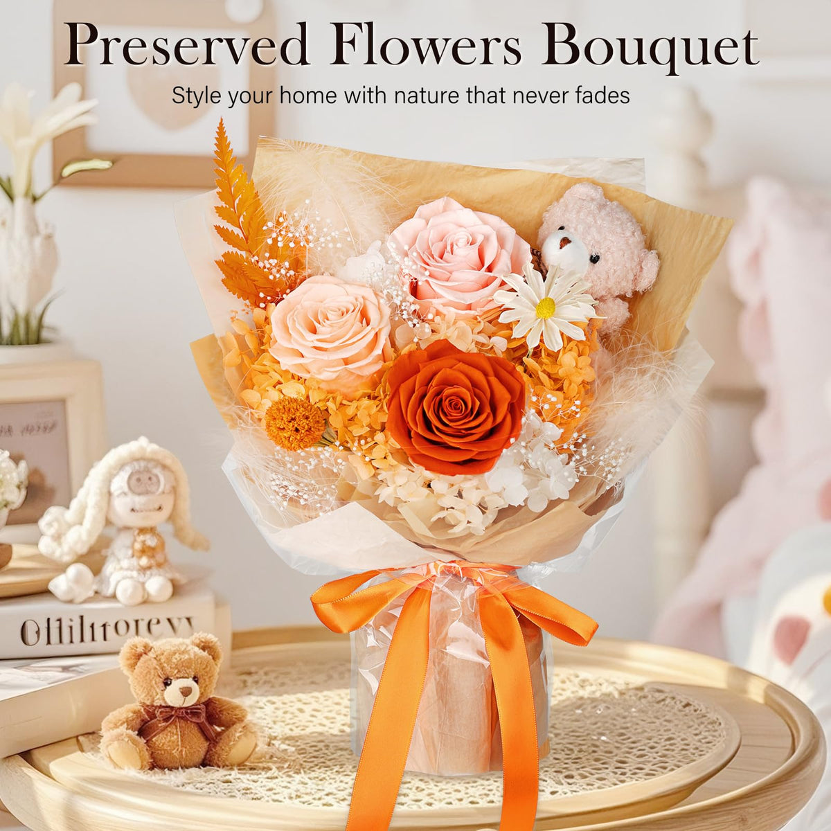 SOLUNOX orange eternal roses bouquet detail roses highlights lifelike petals