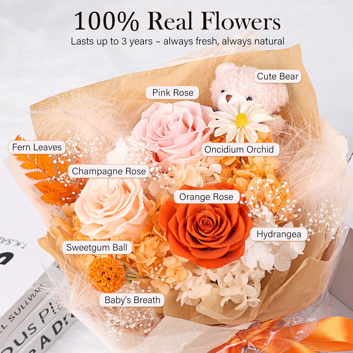SOLUNOX preserved flowers bouquet closeup roses shows vibrant color and texture
