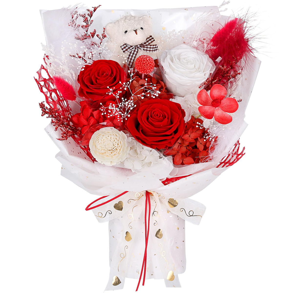 SOLUNOX preserved flowers bouquet with bear for lasting home decor