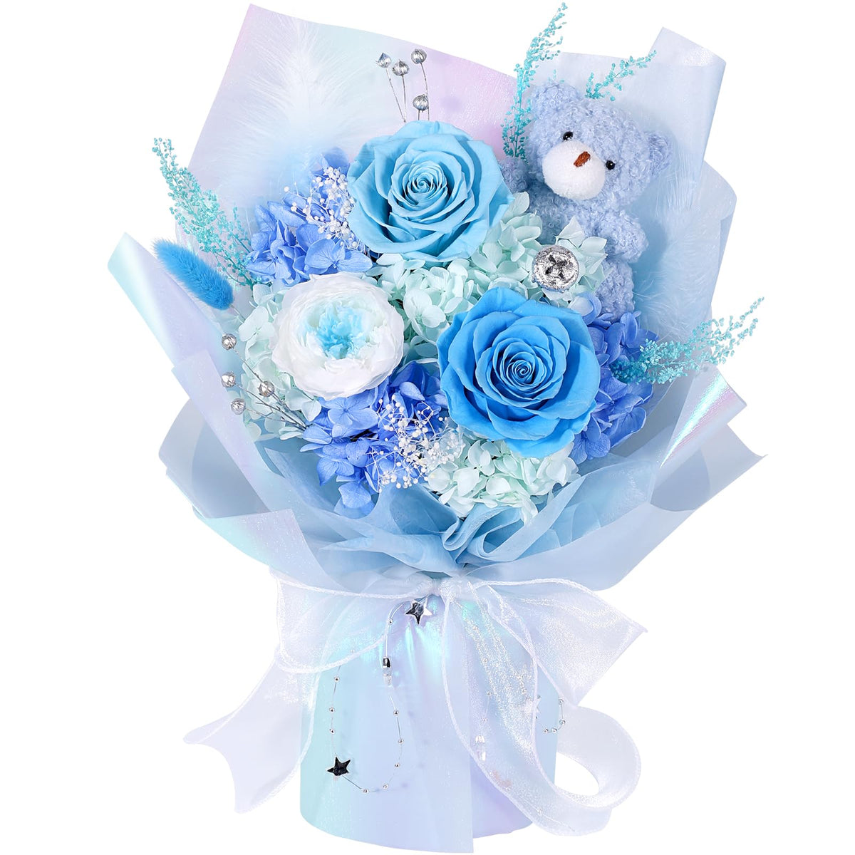 SOLUNOX preserved flowers bouquet with bear, long-lasting charm without watering.