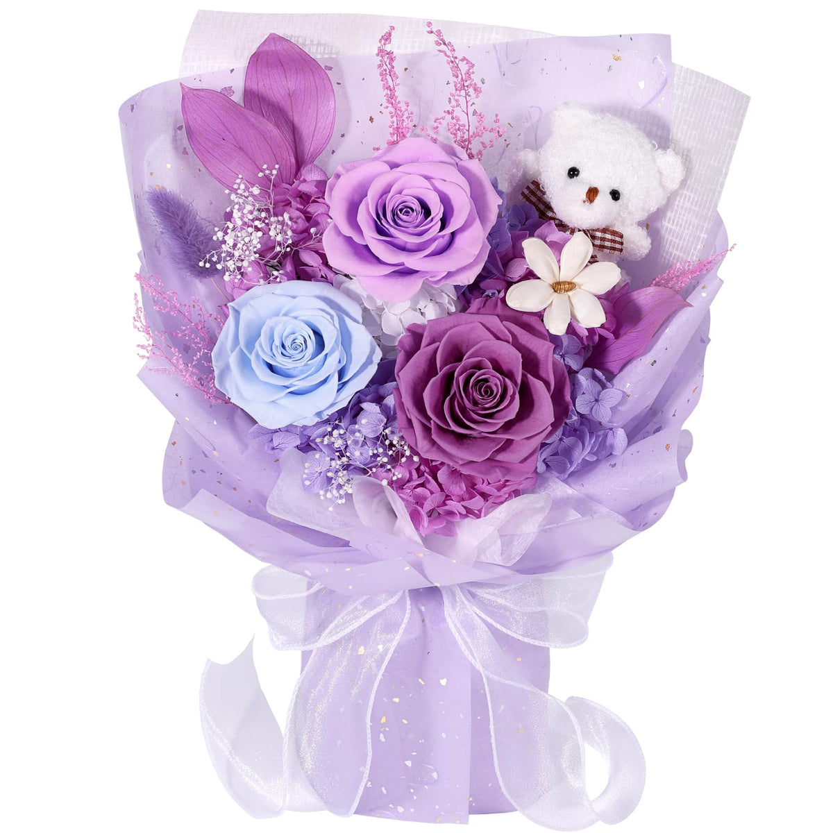 SOLUNOX preserved roses with a bear bouquet offering lasting beauty for gifting.