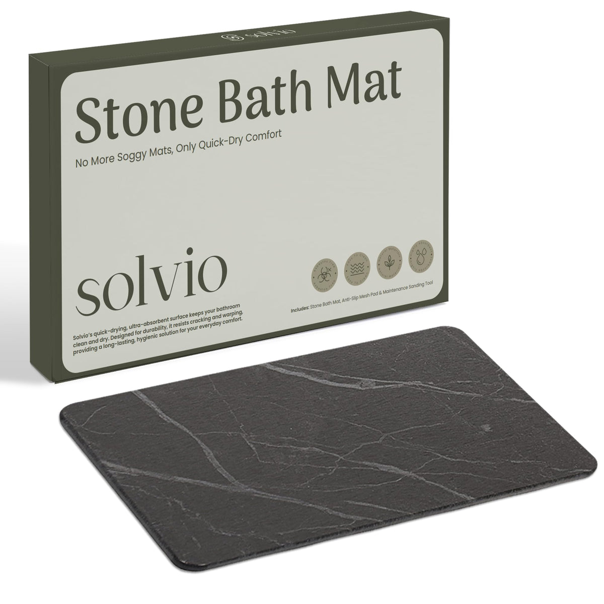 Solvio diatomite bath mat on floor, fast water absorption to keep floors dry.